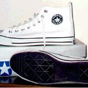 Leather Chucks  White leather jewel high tops, outside patch and sole views.