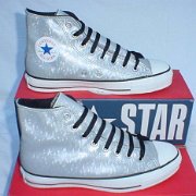 Leather Chucks  Metallic blue high tops with black laces, side views.