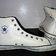 Leather Chucks  White patent leather high tops, side and rear views.