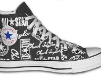 Chucks With Repeated Logo Pattern Uppers  Inside patch view of a left black and white logo print high top.