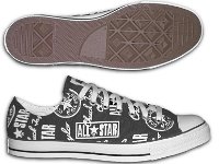 Chucks With Repeated Logo Pattern Uppers  Side and sole views of black and white logo print low cuts.