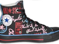 Chucks With Repeated Logo Pattern Uppers  Inside patch view of a left monochrome black logo print high top with red, sky blue, and pink details.