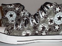 Chucks With Repeated Logo Pattern Uppers  Inside patch views of black and white repeat ankle patch print high tops with black and white reversible shoelaces.