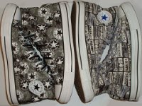 Chucks With Repeated Logo Pattern Uppers  Top view of side by side pairs of black and white Chuck Taylor logo patch print high tops.