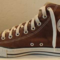 Worn Chocolate Brown High Top Chucks, Pair LWH08  Inside patch view of the right chocolate brown high top.