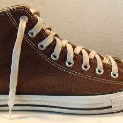 Worn Chocolate Brown High Top Chucks, Pair LWH08  Outside view of the right chocolate brown high top.