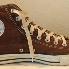 Worn Chocolate Brown High Top Chucks, Pair LWH08  Inside patch view of the left chocolate brown high top.
