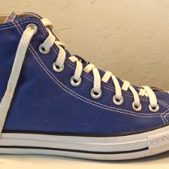 Lightly Worn Royal Blue High Tops, LWH09  Outside view of the right royal blue high top.