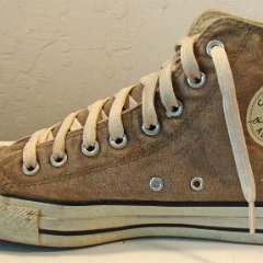 Worn Sunbleached Brown High Top Chucks, LWH13  Inside patch view of a right high top.