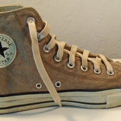 Worn Sunbleached Brown High Top Chucks, LWH13  Inside patch view of a left high top.