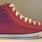 Magenta Renew High Top Chucks  Outside view of a right magenta renew high top
