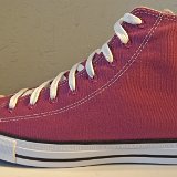 Magenta Renew High Top Chucks  Outside view of a left magenta renew high top