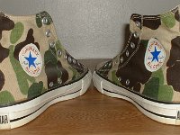 Mark Recob Vintage Chucks Collection  Angled rear view of olive drab camouflage vintage Chuck Taylor All Star high tops.