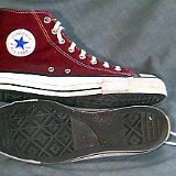 Maroon High Top Chucks  Worn maroon high tops, inside patch and sole views.