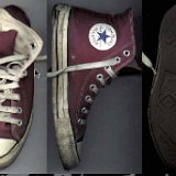 Maroon High Top Chucks  Well worn left maroon high top, top, inside patch, and sole views.