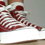 Maroon High Top Chucks  Wearing new maroon high tops, angled front view.