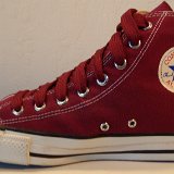 Maroon High Top Chucks  Inside patch view of a right maroon made in USA high top with fat maroon shoelaces.