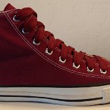 Maroon High Top Chucks  Outside view of a right maroon made in USA high top with fat maroon shoelaces.