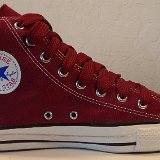 Maroon High Top Chucks  Inside patch view of a left maroon made in USA high top with fat maroon shoelaces.