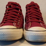 Maroon High Top Chucks  Front view of maroon made in USA high tops with fat maroon shoelaces.