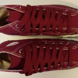 Maroon High Top Chucks  Top view of maroon made in USA high tops with fat maroon shoelaces.