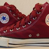 Maroon High Top Chucks  Inside patch views of maroon made in USA high tops with fat maroon shoelaces.