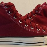 Maroon High Top Chucks  Outside views of maroon made in USA high tops with fat maroon shoelaces.