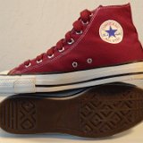 Maroon High Top Chucks  Inside patch and sole views of maroon made in USA high tops with fat maroon shoelaces.
