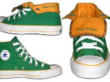 Miscellaneous Green HIgh Top Chucks  West Indies flag foldover high top, front foldover, inside patch, and outside foldover views.