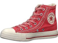 Multicultural High Top Chucks  Catalog view of a right hibiscus multicultural high top chuck with red pattern shoelaces.