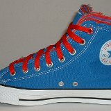 Multilayer High Top Chucks  Inside patch view of a right royal blue multilayered high top with red laces.