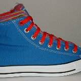 Multilayer High Top Chucks  Outside view of a right royal blue multilayered high top with red laces.