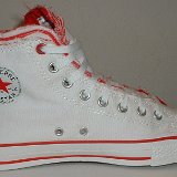 Multilayer High Top Chucks  Inside patch view of a left red and white multilayer high top.