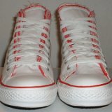 Multilayer High Top Chucks  Front view of red and white multilayer high tops.