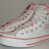 Multilayer High Top Chucks  Angled side view of red and white multilayer high tops.