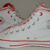 Multilayer High Top Chucks  Inside patch views of red and white multilayer high tops.