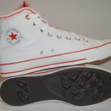 Multilayer High Top Chucks  Inside patch and sole view of red and white multilayer high tops.