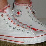 Multilayer High Top Chucks  Wearing red and white multilayer high tops, right side view 1.