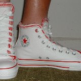 Multilayer High Top Chucks  Wearing red and white multilayer high tops, right side view 2.