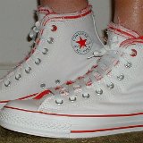 Multilayer High Top Chucks  Wearing red and white multilayer high tops, left side view 1.