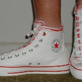 Multilayer High Top Chucks  Wearing red and white multilayer high tops, left side view 2.