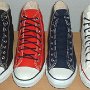 Narrow Round Shoelaces  Core color high top chucks with narrow navy blue laces.