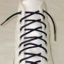 Narrow Round Shoelaces  Optical white high top with navy blue laces.