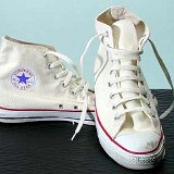 Natural (Unbleached) White High Top Chucks  Front and inside patch views of natural white high top chucks.