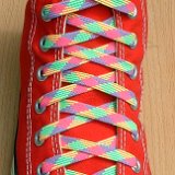 Classic Neon Laces  Red high top with rainbow laces.