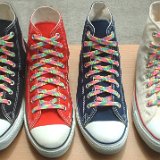 Classic Neon Shoelaces  Core color high tops with rainbow laces.