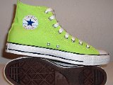 Neon Green High Top Chucks  Inside patch and sole view of neon green high tops.