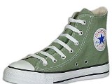 Oil Green HIgh Top Chucks  Catalogue photo of a right oil green high top, angled inside patch view.