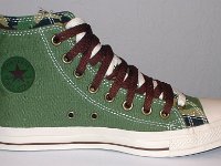 Olive, Brown and Camouflage Double Upper High Top Chucks  Inside patch view of a left olive, brown, and camouflage double upper high top.