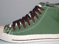 Olive, Brown and Camouflage Double Upper High Top Chucks  Outside view of a left olive, brown, and camouflage double upper high top.
